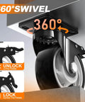 5 inch heavy duty caster wheels set of 4 rated 2600 lb total with 360 swivel & foot brakes shown in use, steel and polyurethane design.