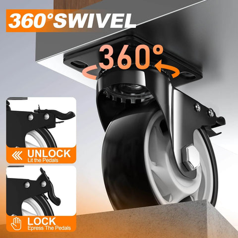 5 inch heavy duty caster wheels set of 4 rated 2600 lb total with 360 swivel & foot brakes shown in use, steel and polyurethane design.