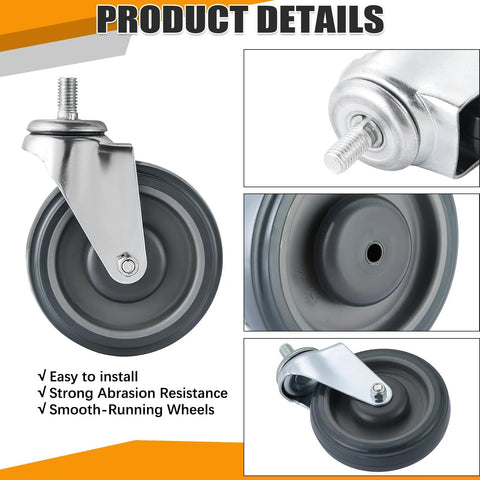 4 Pack 5 Inch Swivel Cart Casters With 7 Sixteenth Inch Metal Nuts Heavy Duty TPR Thermoplastic Rubber Wheels in grey
