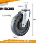 4 Pack 5 Inch Swivel Cart Casters With 7 Sixteenth Inch Metal Nuts Heavy Duty TPR Thermoplastic Rubber Wheels dimensions