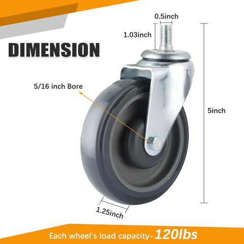 4 Pack 5 Inch Swivel Cart Casters With 7 Sixteenth Inch Metal Nuts Heavy Duty TPR Thermoplastic Rubber Wheels dimensions