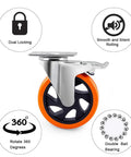 5 Inch Swivel Plate Caster with Screw Mounting, Dual Locking Brakes, Quiet Polyurethane Wheels, Heavy Duty 550 Lb Per Caster