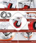 Heavy Duty 5 Inch Caster Wheels Set Of 4 With Polyurethane Surface TPE Casters And Swivel Brake Plate, features
