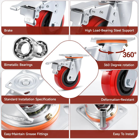 Heavy Duty 5 Inch Caster Wheels Set Of 4 With Polyurethane Surface TPE Casters And Swivel Brake Plate, features