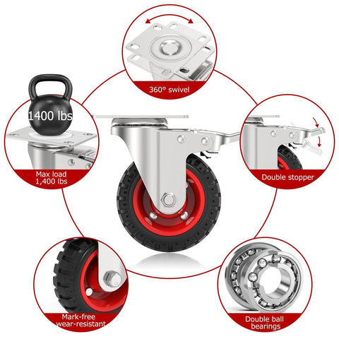 5 Inch Swivel Caster Wheels Set of 4 - safety dual locking brakes & quiet non marking rubber tires rated 350 lbs per caster with 360 degree swivel.