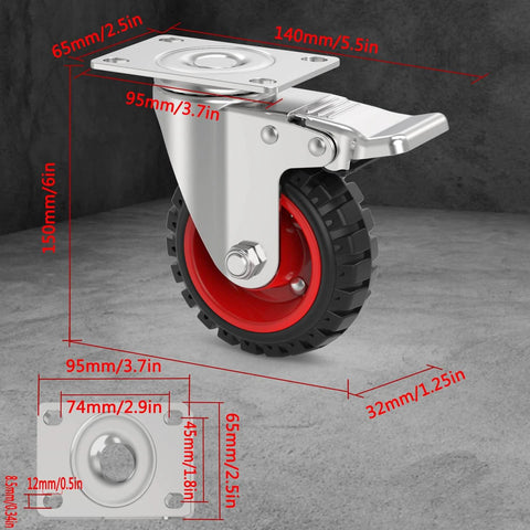 5 Inch Swivel Caster Wheels Set of 4 - safety dual locking brakes with red rubber tire and steel body for carts and workbenches