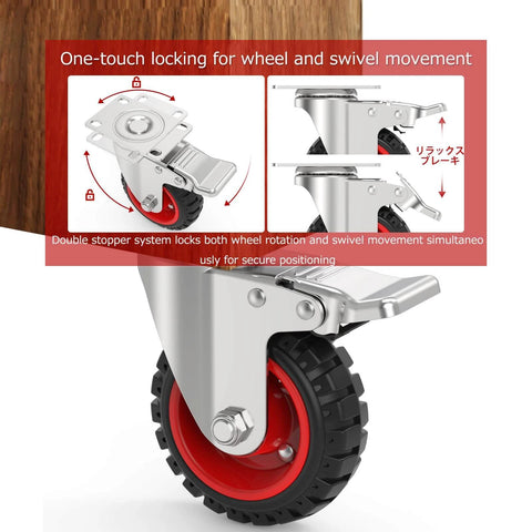 5 Inch Swivel Caster Wheels Set of 4 - safety dual locking brakes & quiet non marking rubber tires with one-touch locking mechanism