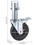 Close-up of 4 Pack 5 Inch Scaffolding Rubber Swivel Caster Wheels With Dual Locking Heavy Duty Casters 1.26 Inch Square Stem 440 Lbs Per Wheel 360 Degree Rotation Non Marking Quiet Rolling For Carts Benches And Workstations, showing dimensions.