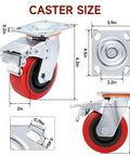 Heavy Duty 5 Inch Caster Wheels Set Of 4 With Polyurethane Surface TPE Casters And Swivel Brake Plate size dimensions