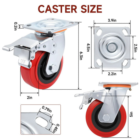 Heavy Duty 5 Inch Caster Wheels Set Of 4 With Polyurethane Surface TPE Casters And Swivel Brake Plate size dimensions