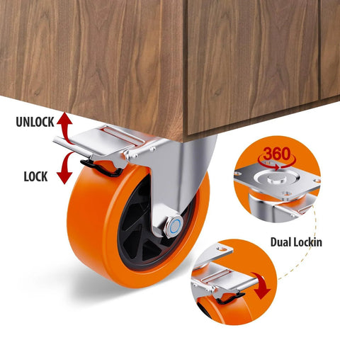 5 Inch Swivel Caster Wheels Set Of 4 With Brakes For Cart Furniture Or Workbench Heavy Duty Polyurethane Locking Casters