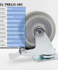 Pack Of 4 5 Inch Swivel Caster Wheels With Dual Locking Brakes In Gray TPR Rubber, Heavy Duty 1000 Lbs, metal housing with specs