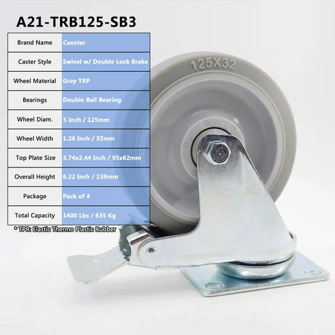 Pack Of 4 5 Inch Swivel Caster Wheels With Dual Locking Brakes In Gray TPR Rubber, Heavy Duty 1000 Lbs, metal housing with specs