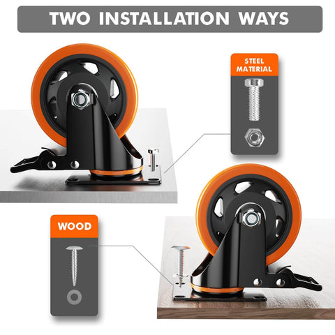 5 Inch Heavy Duty Swivel Caster Wheels Set of 4 with locking brakes shown in two installation ways: on steel and wood surfaces.