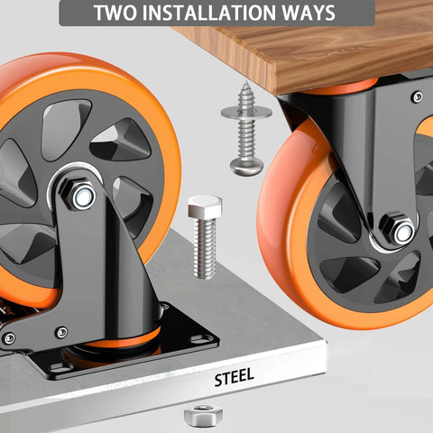 5 inch heavy duty caster wheels set of 4 rated 2400 lb total with locking swivel plate brakes shown with installation screws and spanner