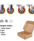 5 Inch Swivel Caster Wheels Set Of 4 With Brakes For Cart Furniture Or Workbench Heavy Duty Polyurethane Locking Casters Load 450 Lbs Per Wheel 1800 Lbs Total Quiet Smooth Rolling Abrasion Resistant Non Marking Includes Bonus Screws And Gloves image showing wheels, nuts, bolts, gloves, and box packaging.