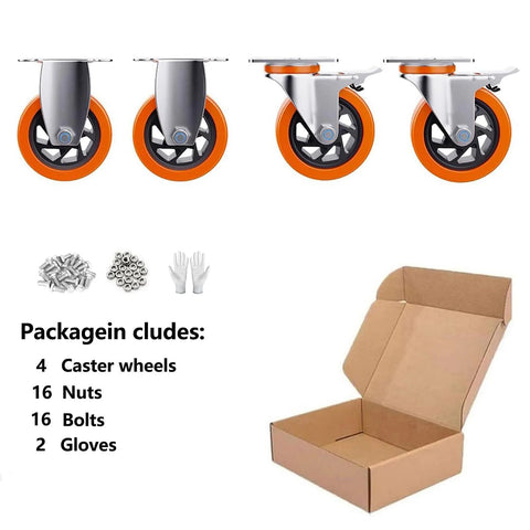 5 Inch Swivel Caster Wheels Set Of 4 With Brakes For Cart Furniture Or Workbench Heavy Duty Polyurethane Locking Casters Load 450 Lbs Per Wheel 1800 Lbs Total Quiet Smooth Rolling Abrasion Resistant Non Marking Includes Bonus Screws And Gloves image showing wheels, nuts, bolts, gloves, and box packaging.