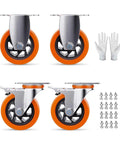 5 Inch Swivel Caster Wheels Set Of 4 With Brakes For Cart Furniture Or Workbench Heavy Duty Polyurethane Locking Casters Load 450 Lbs Per Wheel 1800 Lbs Total Quiet Smooth Rolling Abrasion Resistant Non Marking Includes Bonus Screws And Gloves showing whole set and accessories.