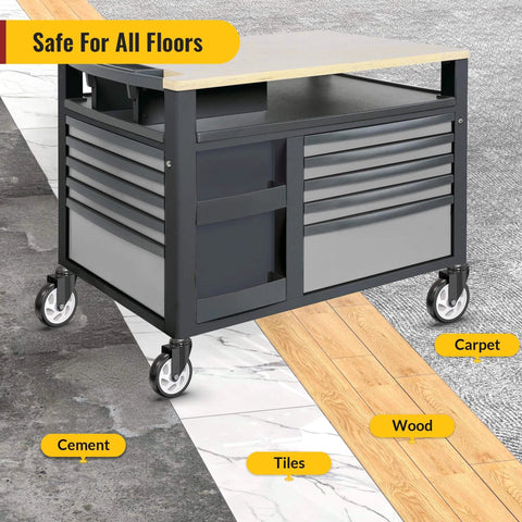 Tool cart with 5 Inch Caster Wheels No Brake Stem Casters Set of 4 Heavy Duty Swivel Castors shown on various floor types