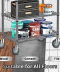 5 Inch Stem Casters For Wire Shelving Heavy Duty Swivel Wheels With Brakes Set Of 4 350 Lb Per Caster And 1400 Lb Total Capacity Thermoplastic Rubber Wheels Easy Installation Scaffold Wheel Replacement shown on a wire shelving rack with paint cans and tools, suitable for all floor types.