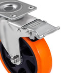 Close-up of 5 Inch Swivel Plate Casters With Screw Mounting Dual Locking Brakes And Quiet Polyurethane Wheels Heavy Duty 550 Lb Per Caster