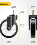Dimensions of 5 Inch Caster Wheels No Brake Stem Casters Set of 4 Heavy Duty Swivel Castors with 3/8 Inch 16 x 1 Threaded Stem Steel Housing PVC Wheels Black.