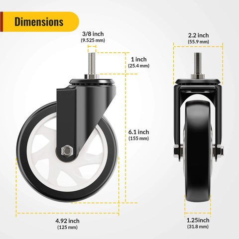 Dimensions of 5 Inch Caster Wheels No Brake Stem Casters Set of 4 Heavy Duty Swivel Castors with 3/8 Inch 16 x 1 Threaded Stem Steel Housing PVC Wheels Black.