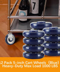 12 Pack Shopping Cart Replacement Wheels Kit with 5 Inch TPU Casters, grey wheels, blue core stacked near supermarket cart.