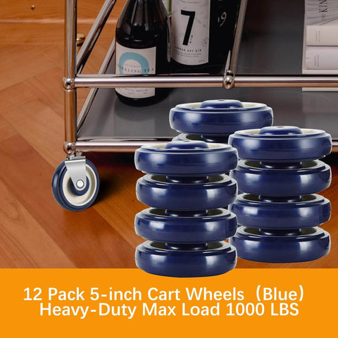 12 Pack Shopping Cart Replacement Wheels Kit with 5 Inch TPU Casters, grey wheels, blue core stacked near supermarket cart.