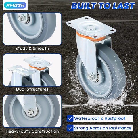 Close-up view of Eight Pack 5 Inch Caster Wheel Set With Four Swivel And Four Rigid TPU Casters showing heavy-duty construction.