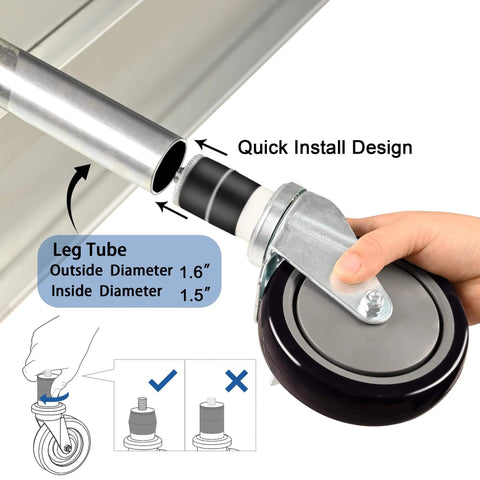 Close-up of 5 Inch Expandable Workbench Caster Wheels Set of 4 with 2 Side Brake Casters, Quick Install on Pipe Legs.