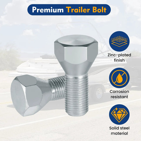 Secure 5-lug trailer wheels with these 1/2-20 x 1-5/8 inch zinc-plated lug bolts shown front and side view, highlighting corrosion resistance.