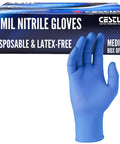 5 Mil Nitrile Gloves XL Box of 100 Latex Free Mechanic Cleaning Gloves with a blue glove and packaging visible.