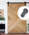5 Pack 2 Inch Barn Door Spacers For Sliding Barn Door Hardware Wall Track Spacers Made From Solid Cast Iron With Powder Coated Black Finish Durable Track To Wall Connection Devices, shown installed on wooden barn door.
