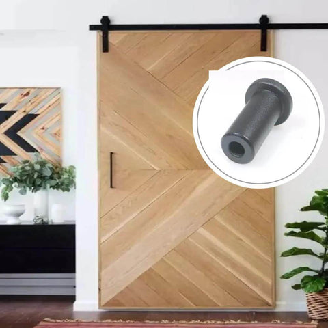 5 Pack 2 Inch Barn Door Spacers For Sliding Barn Door Hardware Wall Track Spacers Made From Solid Cast Iron With Powder Coated Black Finish Durable Track To Wall Connection Devices, shown installed on wooden barn door.