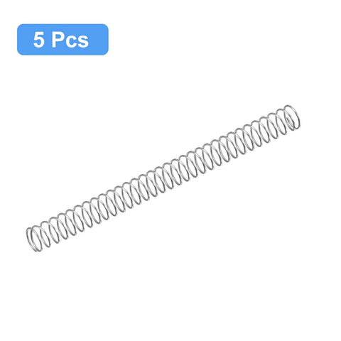 Five Pack 304 Stainless Steel Compression Springs, 4mm Outer Diameter, 0.2mm Wire, 50mm Free Length, Silver Tone, Even Spacing, High Elasticity