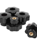 Five Pack M6 Internal Thread Clamping Knobs With 32mm Star Head Through Hole 7 Lobes Grip Black Made From Plastic And Metal