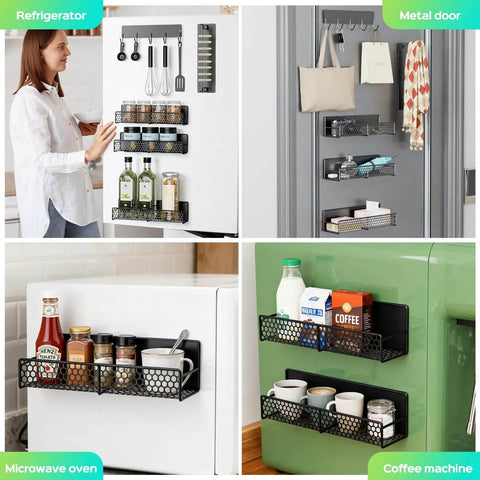 5-Pack Magnetic Shelves for Laundry Room Organization on fridge, metal door, microwave, and coffee machine