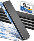 5 Pack Neodymium Bar Magnets 60x10x3 mm with adhesive backing, showing stacked magnets and packaging in front view