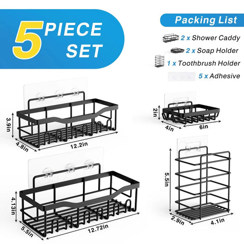 Adhesive Shower Caddy Set 5 Pack Rustproof Stainless Steel Bath Organizers With Large Capacity No Drilling Mounts for tile and glass surfaces displayed.