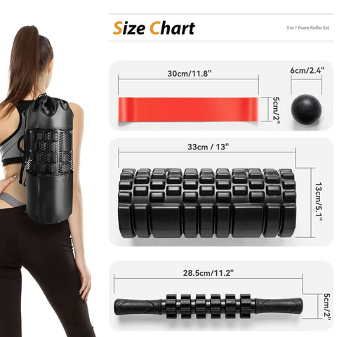 Size chart of 5 In 1 Deep Tissue Massage Set With Foam Roller, Trigger Point Roller Stick, Massage Ball, Resistance Band And Yoga Stretch Band