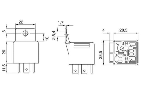 Technical diagram of Normal Open Mini Relay 5 Pin 12V DC 30A Compact High Current Automotive Relay for wiring harnesses.