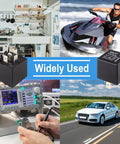 Collage showing 4 Pack 5 Pin 40A Waterproof 12V Car Relays in various applications like automotive, marine, and electronics.