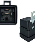 Front and side view of the Beefy 12V DC 80/60 Amp Waterproof Automotive Relay with Pigtail, 5 Pin SPDT, for cars and boats.
