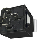 Close-up of 12V 40A/30A 5-Pin SPDT Automotive Relay Kit showing 5-prong connections and mounting bracket, for power trim and tilt.