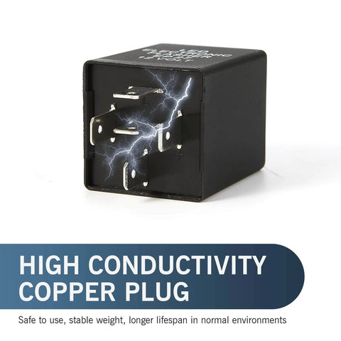 5 Pin LED Flasher Relay For Hyper Flash Fix Plug And Play, showing copper plug and ABS housing for fast response.