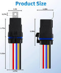 5 Pin Waterproof Relay Kit 40 30 Amp 12V SPDT Relay With Harness showing size dimensions and colorful wires in black casing.