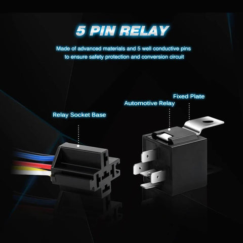 Interlocking 5 Pin SPDT Relay Socket And Wiring Harness Set For 12V Automotive Use, 30/40A Capabilities, 5 Pack with fixed plate