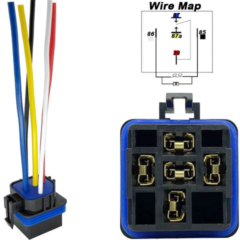 Close-up of a 5-Pack 40/30 Amp 12V DC Waterproof Automotive Relay Kit With Heavy-Duty Pigtail 5-Pin SPDT Relays