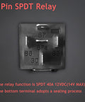 Heavy Duty Two Pack 12V Relay Kit With 5 Pin SPDT And Harness, showing close-up of a 5 pin SPDT relay marked with numbers.